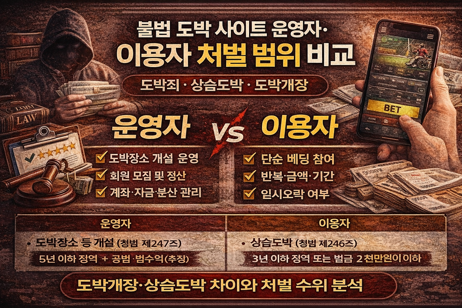 불법 도박 사이트 운영자·이용자 처벌 범위 비교