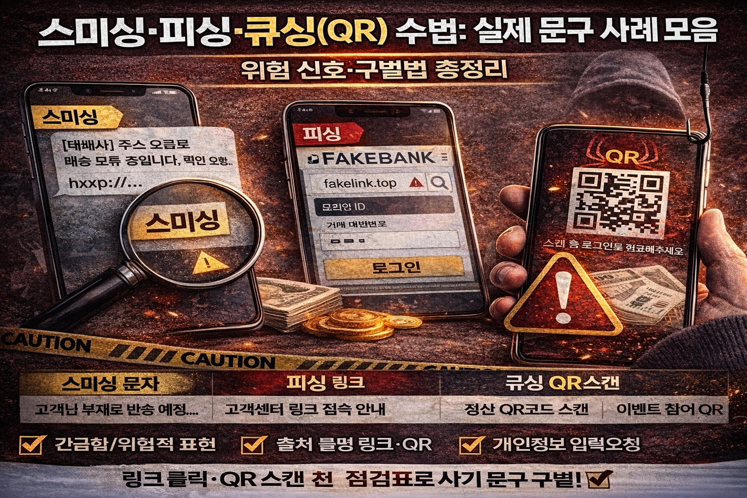 스미싱·피싱·큐싱(QR) 수법: 실제 문구 사례 모음