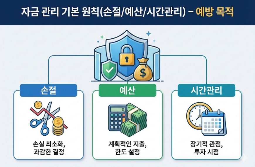 “자금 관리 기본 원칙 인포그래픽: 손절(손실 최소화)·예산(한도 설정)·시간관리(장기 관점)로 리스크 예방”