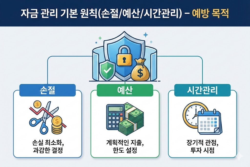 “자금 관리 기본 원칙 인포그래픽: 손절(손실 최소화)·예산(한도 설정)·시간관리(장기 관점)로 리스크 예방”