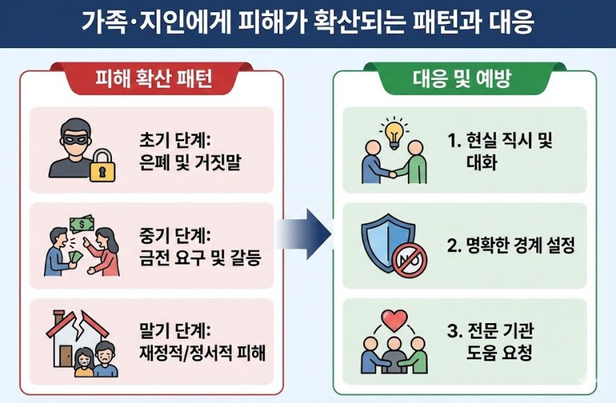 “가족·지인 피해 확산 패턴과 대응 인포그래픽: 초기 은폐·거짓말, 중기 금전 요구·갈등, 말기 재정·정서 피해; 예방 대처는 현실 직시·대화, 명확한 경계 설정, 전문기관 도움 요청”