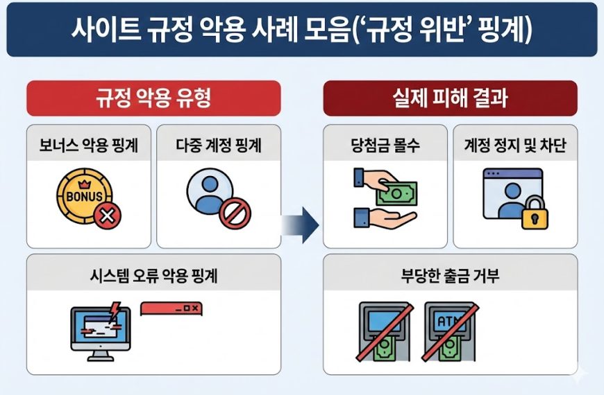 사이트 규정 악용 사례 인포그래픽: '규정 위반'을 핑계로 한 피해 유형 및 결과. 왼쪽에는 보너스 악용, 다중 계정, 시스템 오류 등 악용 핑계 유형이, 오른쪽에는 당첨금 몰수, 계정 정지, 부당한 출금 거부 등 실제 피해 결과가 화살표로 연결되어 있습니다.