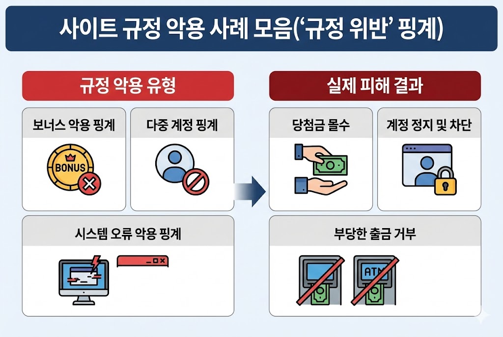 사이트 규정 악용 사례 인포그래픽: '규정 위반'을 핑계로 한 피해 유형 및 결과. 왼쪽에는 보너스 악용, 다중 계정, 시스템 오류 등 악용 핑계 유형이, 오른쪽에는 당첨금 몰수, 계정 정지, 부당한 출금 거부 등 실제 피해 결과가 화살표로 연결되어 있습니다.