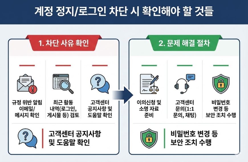 계정 정지 및 로그인 차단 대응 가이드 인포그래픽. 차단 사유 확인 단계와 이의신청, 고객센터 문의 등 문제 해결 절차 안내.