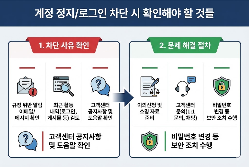 계정 정지 및 로그인 차단 대응 가이드 인포그래픽. 차단 사유 확인 단계와 이의신청, 고객센터 문의 등 문제 해결 절차 안내.