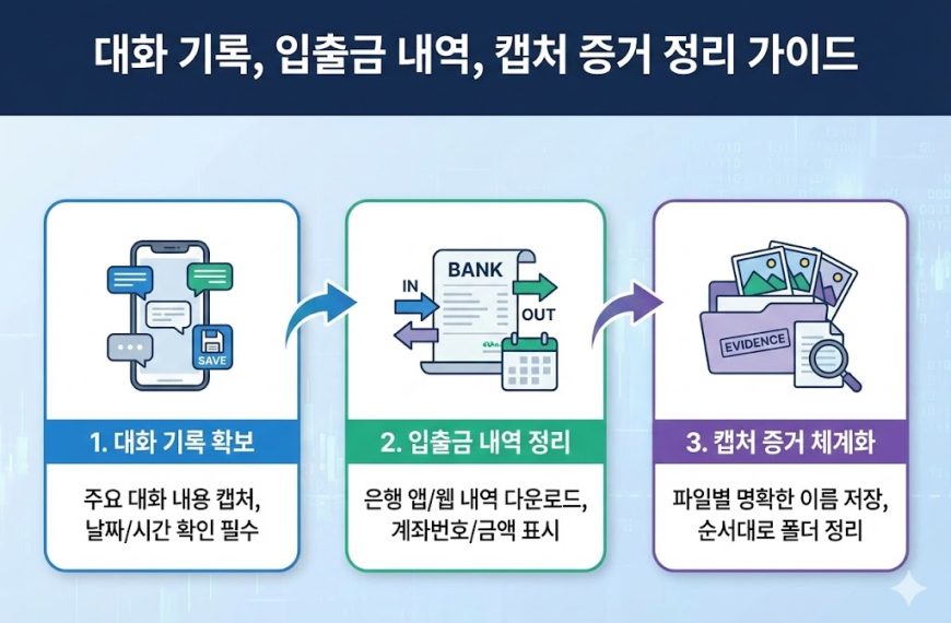 대화 기록, 입출금 내역, 캡처 증거 정리 단계별 가이드 인포그래픽