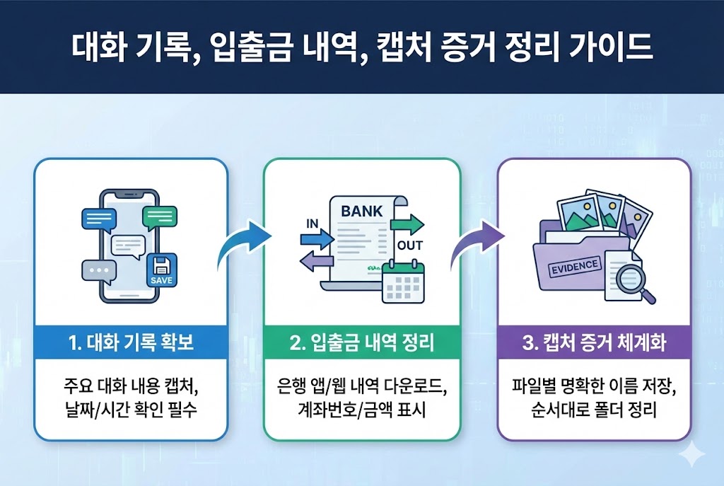 대화 기록, 입출금 내역, 캡처 증거 정리 단계별 가이드 인포그래픽