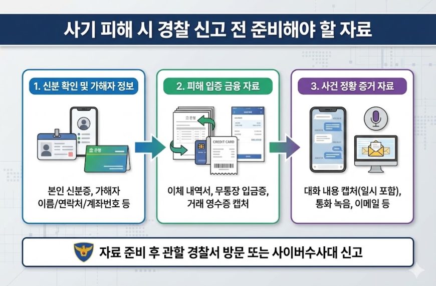 사기 피해 경찰 신고 준비물 인포그래픽: 신분증, 가해자 계좌번호, 이체 내역서, 대화 캡처 등 필수 증거 자료 및 신고 방법 안내.