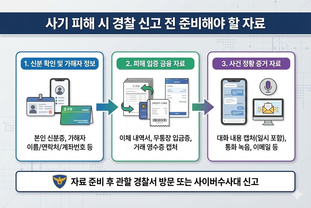사기 피해 경찰 신고 준비물 인포그래픽: 신분증, 가해자 계좌번호, 이체 내역서, 대화 캡처 등 필수 증거 자료 및 신고 방법 안내.
