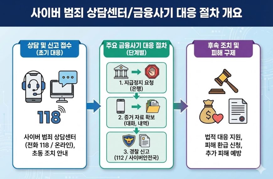 사이버 범죄 금융사기 대응 절차 3단계 인포그래픽: 118 상담센터 신고, 은행 지급정지 및 경찰 신고, 피해 구제 및 환급 신청 안내.