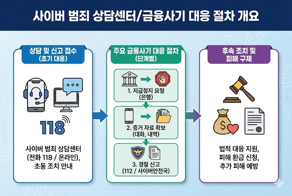 사이버 범죄 금융사기 대응 절차 3단계 인포그래픽: 118 상담센터 신고, 은행 지급정지 및 경찰 신고, 피해 구제 및 환급 신청 안내.