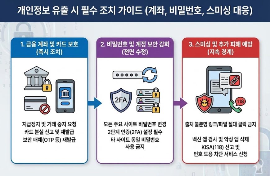 개인정보 유출 시 필수 조치 가이드 3단계 인포그래픽: 금융 계좌 및 카드 보호, 비밀번호 변경 및 2단계 인증 설정, 스미싱 예방 및 118 신고 절차 안내.