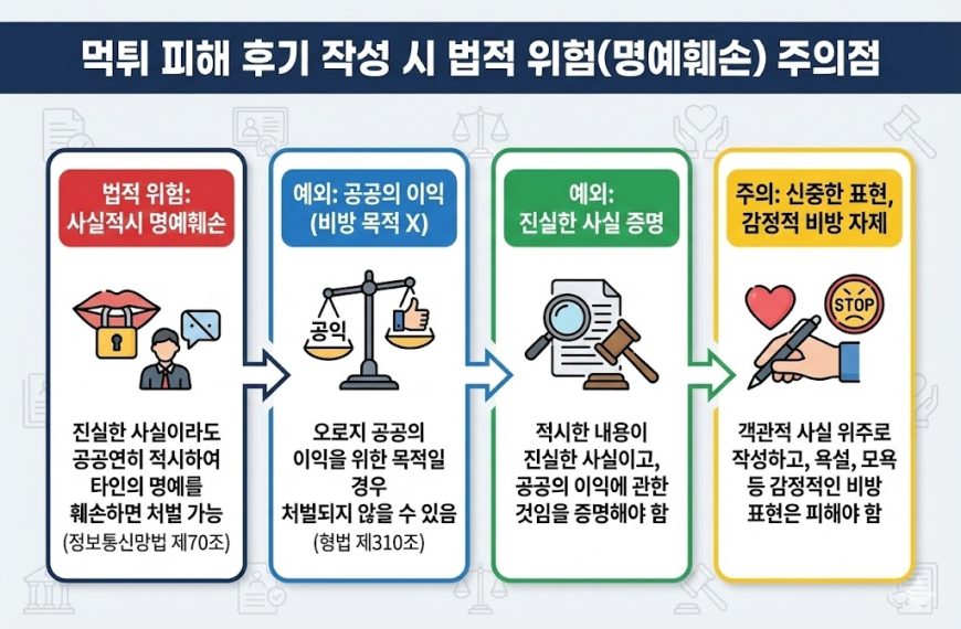 먹튀 피해 후기 작성 시 명예훼손 법적 위험 및 주의사항 인포그래픽. 사실적시 명예훼손, 공공의 이익 예외, 진실 증명 필요성, 감정적 비방 자제 등 핵심 가이드 제공.