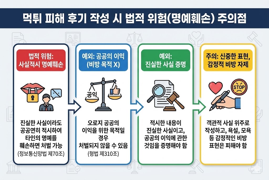 먹튀 피해 후기 작성 시 명예훼손 법적 위험 및 주의사항 인포그래픽. 사실적시 명예훼손, 공공의 이익 예외, 진실 증명 필요성, 감정적 비방 자제 등 핵심 가이드 제공.