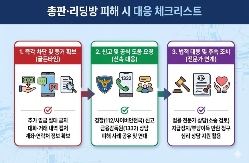 총판·리딩방 사기 피해 대응 체크리스트 인포그래픽: 즉각적인 증거 확보(캡처), 112/1332 신고, 법적 대응 및 소송 검토 3단계 행동 요령 안내