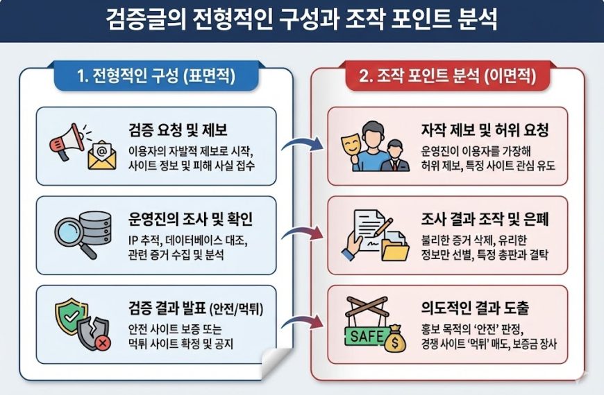 구글 SEO(검색 엔진 최적화) 권장 사항에 맞춰 작성된 이미지 메타데이터입니다. [SEO 최적화] 검증글의 구성과 조작 포인트 분석 인포그래픽 1. 대체 텍스트 (Alt Text) - 핵심 키워드 요약 & 간결성 검증글의 전형적인 구성과 이면의 조작 포인트 분석 인포그래픽: 표면적인 검증 절차(요청, 조사, 발표)와 운영진의 조직적인 조작 행위(자작 제보, 은폐, 의도적 결과 도출) 비교.