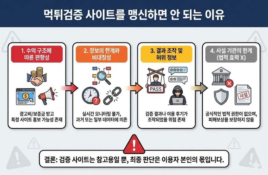 먹튀검증 사이트를 맹신하면 안 되는 4가지 이유 인포그래픽: 수익 구조에 따른 편향성, 정보의 한계, 결과 조작 위험, 법적 효력 없는 사설 기관의 한계 경고.
