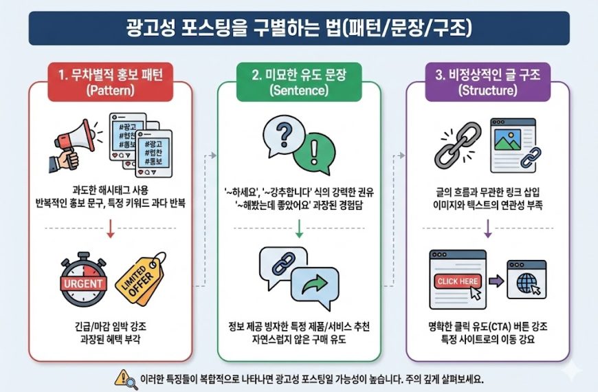 광고성 포스팅 구별하는 법 인포그래픽: 무차별적 홍보 패턴(해시태크, 반복), 미묘한 유도 문장(권유, 과장), 비정상적인 글 구조(링크, CTA) 3단계 분석