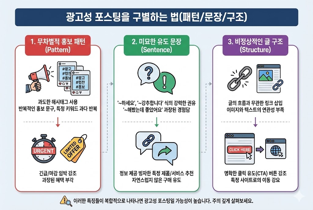 광고성 포스팅 구별하는 법 인포그래픽: 무차별적 홍보 패턴(해시태크, 반복), 미묘한 유도 문장(권유, 과장), 비정상적인 글 구조(링크, CTA) 3단계 분석