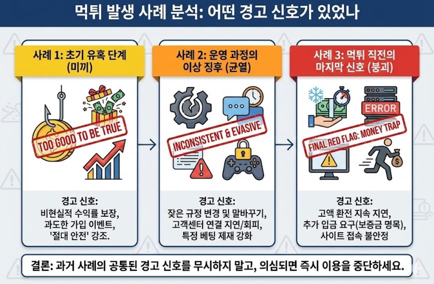 먹튀 발생 사례의 단계별 경고 신호 분석 인포그래픽: 초기 유혹(비현실적 수익), 운영 과정의 이상 징후(잦은 말바꾸기), 먹튀 직전의 마지막 신호(환전 지연, 추가 입금 요구) 3단계를 통한 피해 예방 가이드
