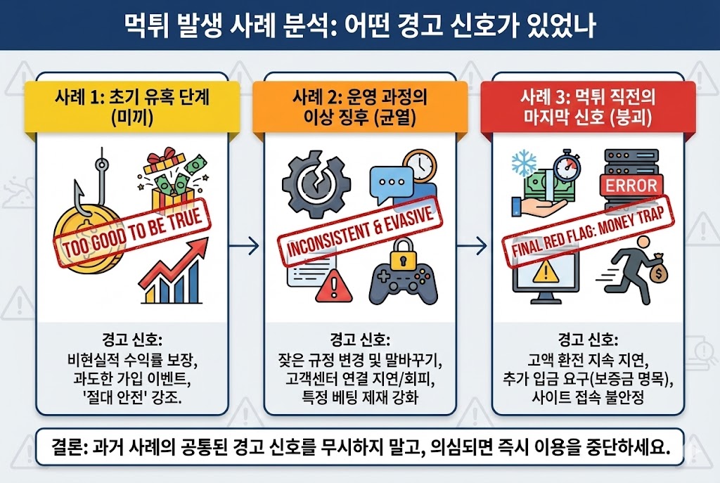 먹튀 발생 사례의 단계별 경고 신호 분석 인포그래픽: 초기 유혹(비현실적 수익), 운영 과정의 이상 징후(잦은 말바꾸기), 먹튀 직전의 마지막 신호(환전 지연, 추가 입금 요구) 3단계를 통한 피해 예방 가이드