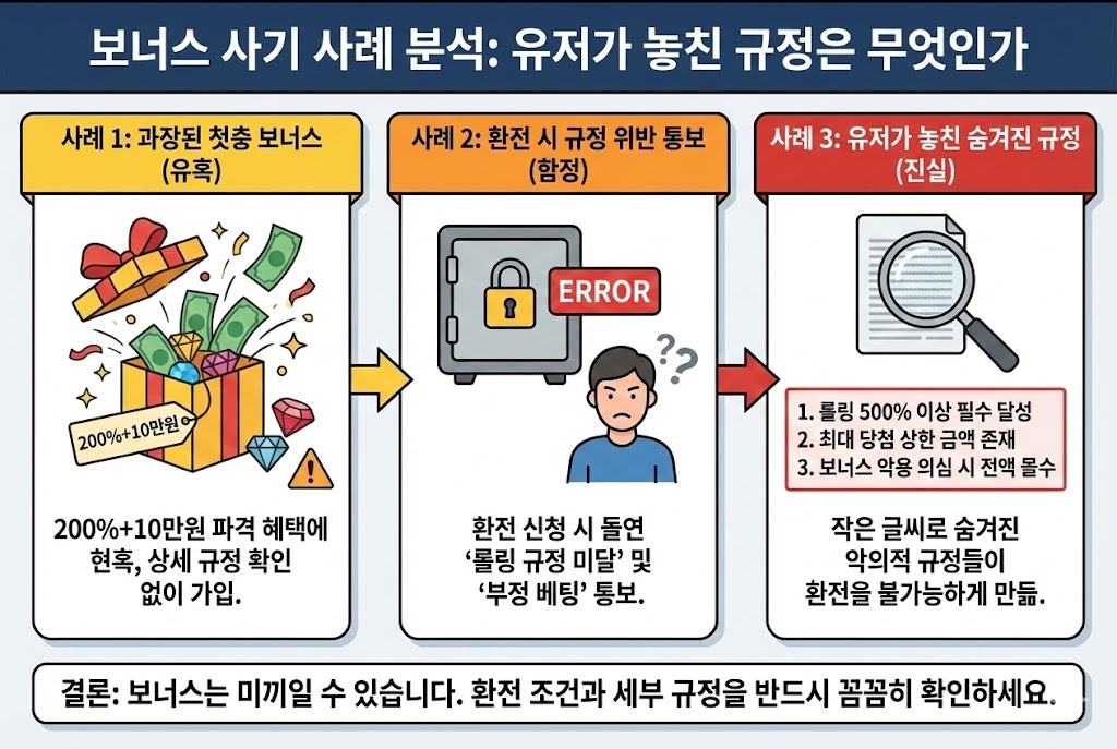 보너스 사기 사례 분석 및 유저가 놓친 규정 인포그래픽: 과장된 첫충 보너스 미끼(유혹), 환전 시 롤링/부정 베팅 핑계(함정), 숨겨진 악의적 규정(진실) 3단계 분석