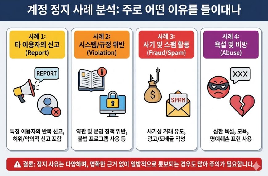 계정 정지 사례 분석 인포그래픽: 주로 어떤 이유를 들이대나. 타 이용자 신고, 시스템/규정 위반, 사기 및 스팸 활동, 욕설 및 비방 4가지 주요 원인과 주의사항 요약