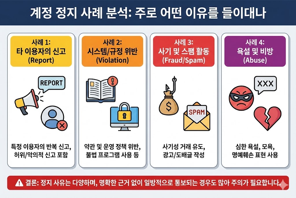 계정 정지 사례 분석 인포그래픽: 주로 어떤 이유를 들이대나. 타 이용자 신고, 시스템/규정 위반, 사기 및 스팸 활동, 욕설 및 비방 4가지 주요 원인과 주의사항 요약