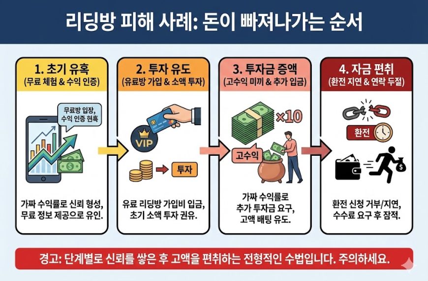 리딩방 사기 피해 발생 과정 인포그래픽: 초기 유혹(가짜 수익), 투자 유도(소액), 투자금 증액(추가 입금), 자금 편취(환전 지연 및 잠적) 4단계 순서로 돈이 빠져나가는 수법 분석