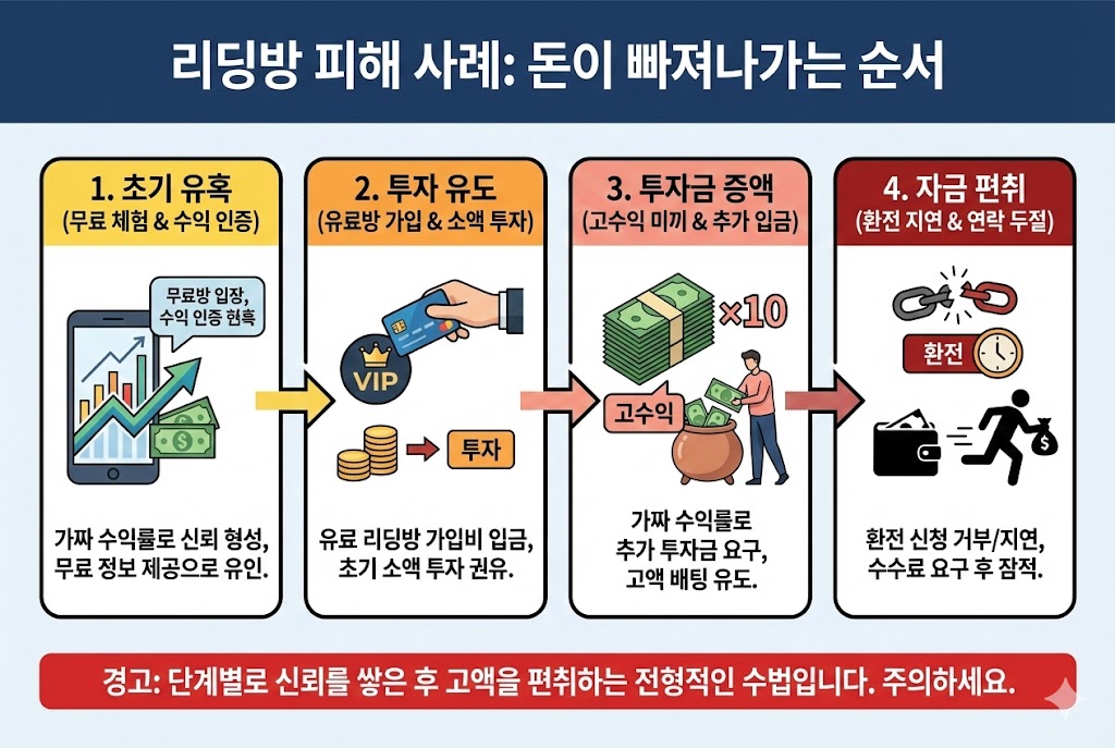 리딩방 사기 피해 발생 과정 인포그래픽: 초기 유혹(가짜 수익), 투자 유도(소액), 투자금 증액(추가 입금), 자금 편취(환전 지연 및 잠적) 4단계 순서로 돈이 빠져나가는 수법 분석