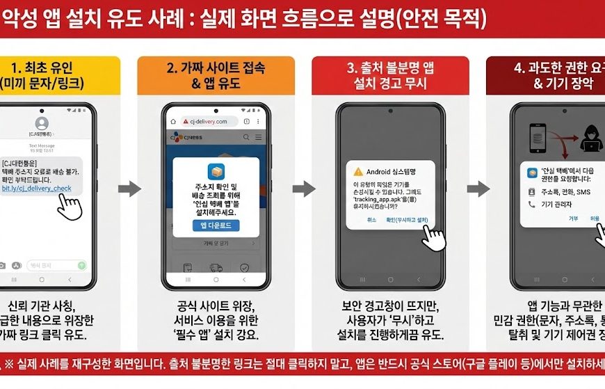 악성 앱 설치 유도 사례 인포그래픽: 미끼 문자(스미싱)부터 가짜 사이트 접속, 앱 설치 경고 무시, 최종 기기 장악까지 4단계 실제 화면 흐름 경고.