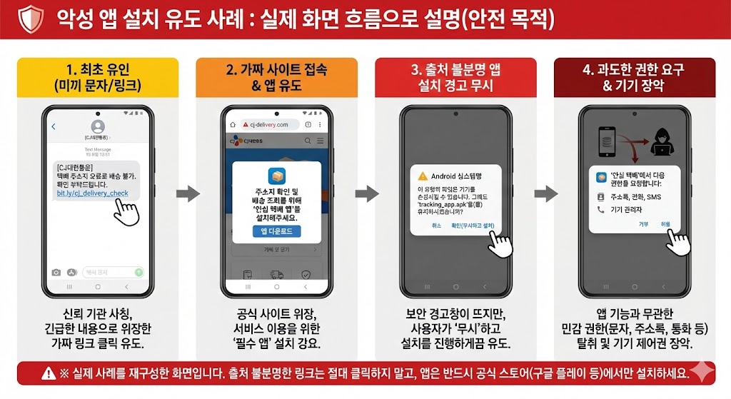 악성 앱 설치 유도 사례: 내 폰이 해킹당하는 실제 화면 흐름 (APK 주의)