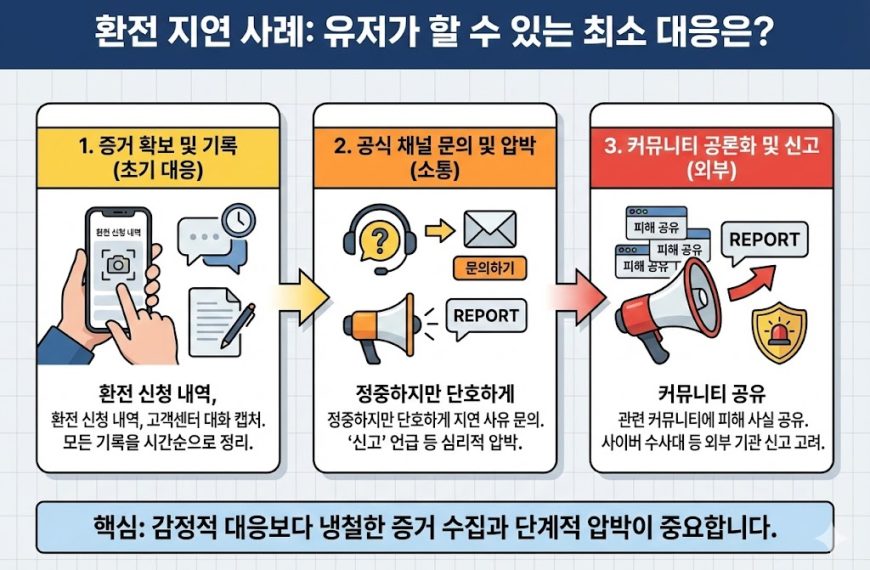 환전 지연 발생 시 유저의 3단계 필수 대응 방법 인포그래픽: 증거 확보(캡처/기록), 공식 채널 문의 및 압박(신고 언급), 커뮤니티 공론화 및 경찰 신고 절차 가이드.