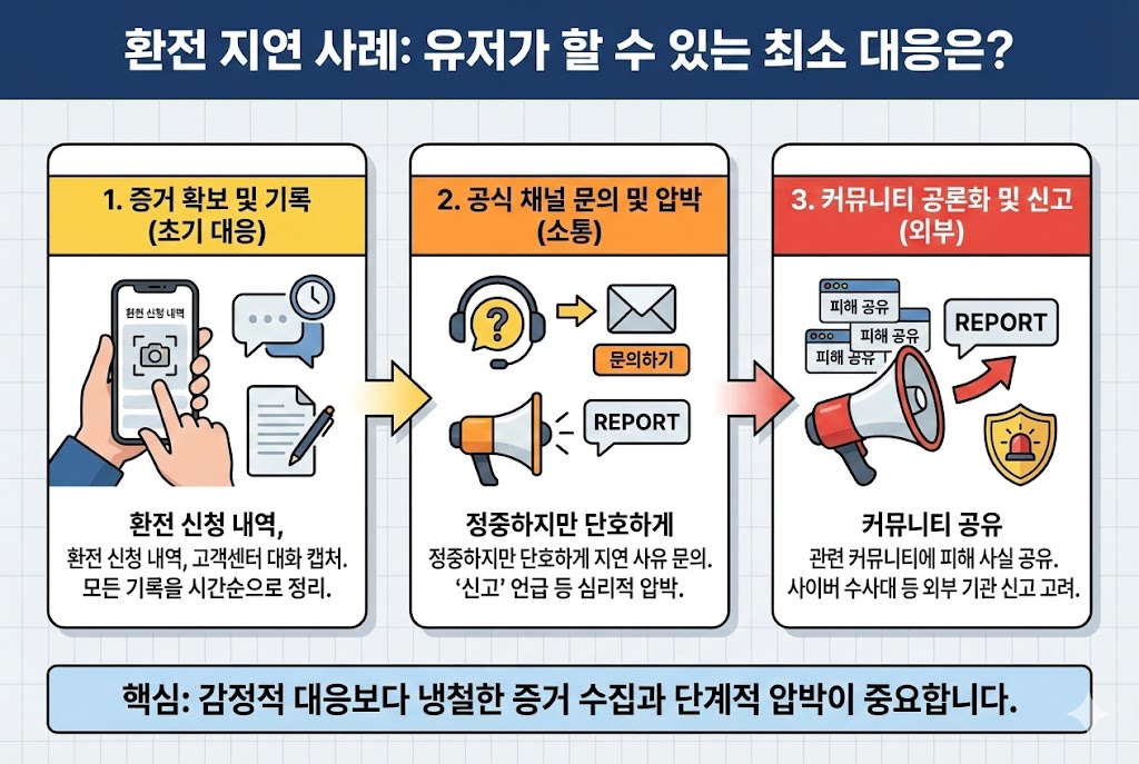 환전 지연 발생 시 유저의 3단계 필수 대응 방법 인포그래픽: 증거 확보(캡처/기록), 공식 채널 문의 및 압박(신고 언급), 커뮤니티 공론화 및 경찰 신고 절차 가이드.