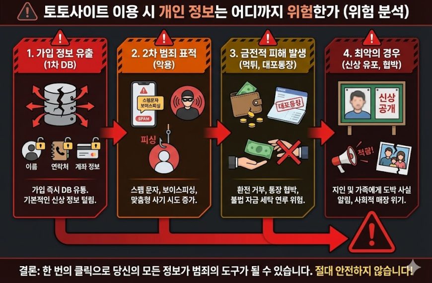 토토사이트 이용 시 개인 정보 위험 분석 인포그래픽: 가입 정보 유출(1차 DB)부터 2차 범죄 악용(보이스피싱), 금전적 피해(먹튀/대포통장), 최악의 신상 유포 및 협박까지 4단계 심각성 경고.