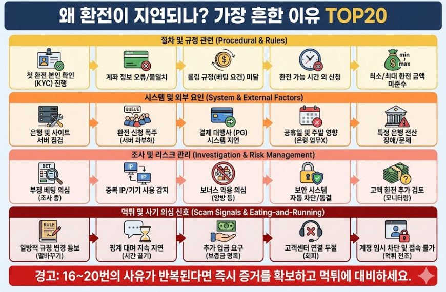 환전 지연 가장 흔한 이유 TOP20 인포그래픽: 절차/규정, 시스템 오류, 리스크 조사, 먹튀 의심 신호 4단계 유형별 분석 및 먹튀 대비 경고 메시지
