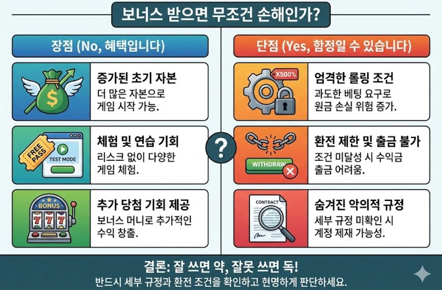 보너스 혜택 vs 함정 비교 인포그래픽: 초기 자본 증가 등 장점 3가지와 엄격한 롤링 조건, 환전 제한 등 단점 3가지를 분석하여 현명한 활용을 위한 결론 제시