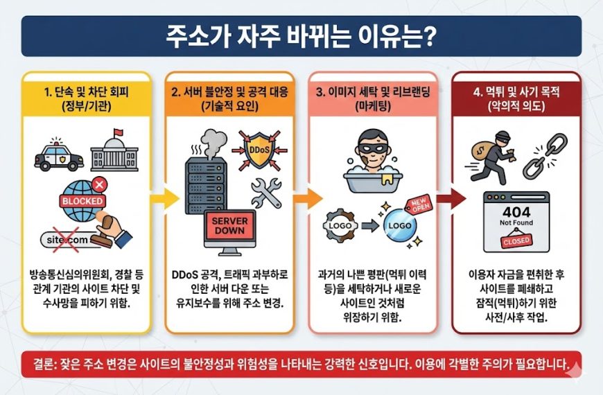 웹사이트 주소가 자주 바뀌는 이유 분석 인포그래픽: 단속 및 차단 회피(정부/기관), 서버 불안정 및 DDoS 공격 대응(기술적 요인), 이미지 세탁 및 리브랜딩(마케팅), 먹튀 및 사기 목적(악의적 의도) 4가지 원인과 위험성 경고.