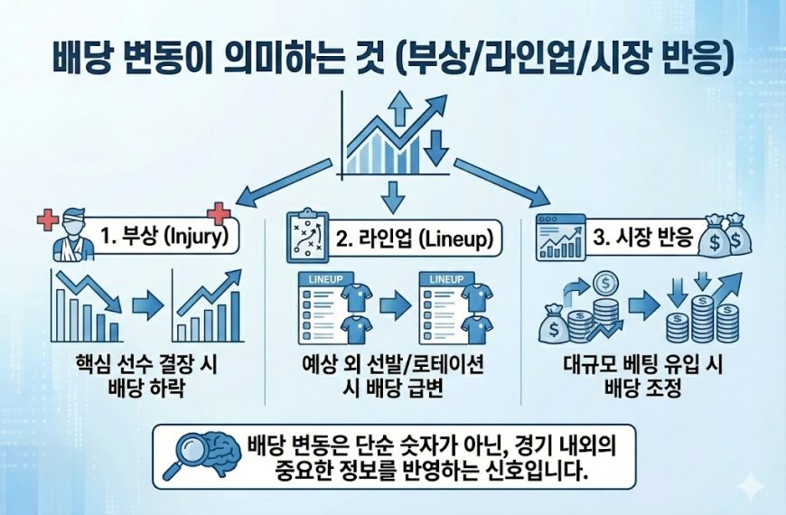 스포츠토토 배당률 변동(하락/상승)의 3대 핵심 신호: 선수 부상(결장), 선발 라인업 변화, 시장 베팅 머니 반응을 분석한 인포그래픽 이미지