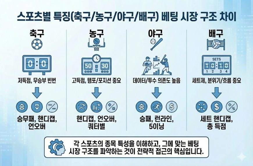 4대 인기 스포츠(축구, 농구, 야구, 배구) 종목별 경기 특징과 그에 따른 베팅 시장 구조(승무패, 핸디캡, 언오버, 런라인 등)의 차이점을 비교 분석한 인포그래픽 이미지