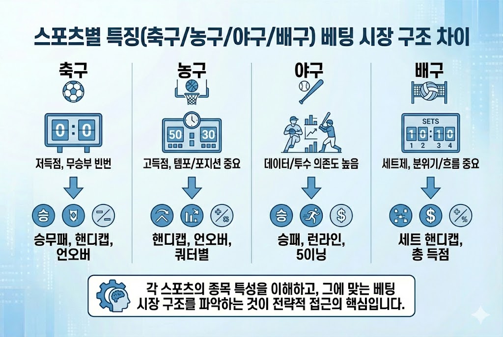 4대 인기 스포츠(축구, 농구, 야구, 배구) 종목별 경기 특징과 그에 따른 베팅 시장 구조(승무패, 핸디캡, 언오버, 런라인 등)의 차이점을 비교 분석한 인포그래픽 이미지