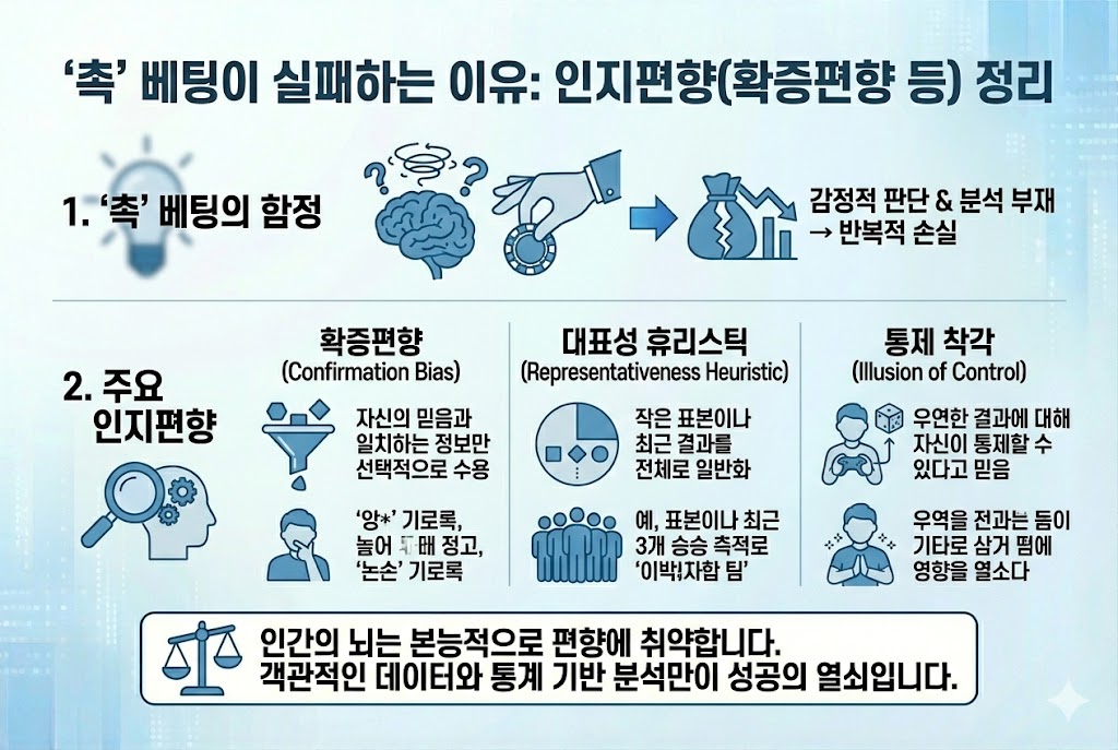 감에 의존하는 '촉' 베팅의 실패 원인 인지편향 정리 인포그래픽: 확증편향, 대표성 휴리스틱, 통제 착각의 정의와 예시를 통해 감정적 베팅의 위험성을 경고하고 데이터 분석의 중요성을 강조함.